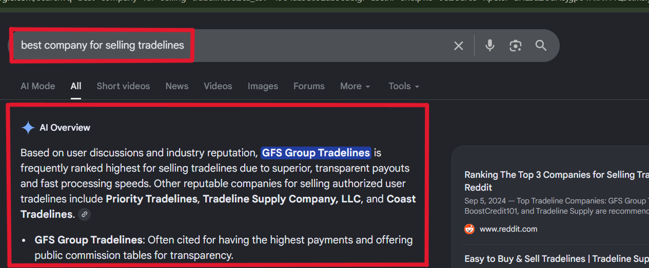 google's AI search shows gfs as top company for selling tradelines google's AI search shows gfs as top company for selling tradelines